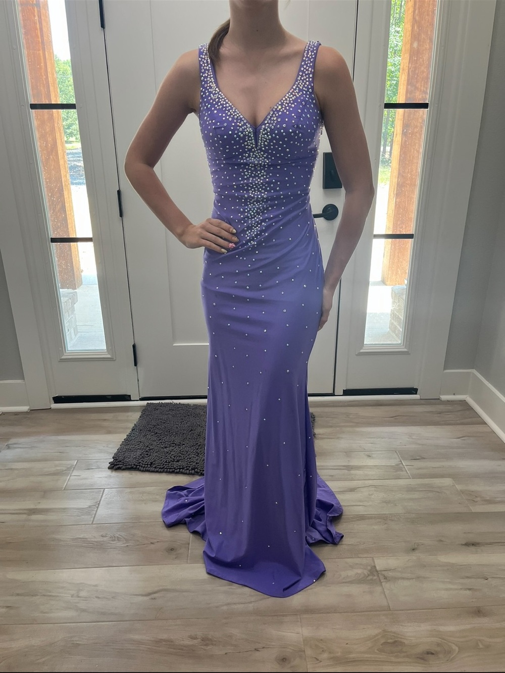 Evening V-Neck Lavender Formal Gown with Crystal Accents